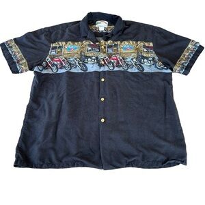 Vintage Paradise Found Biker Motorcycle Tiki Tavern Button Down Shirt Rayon XL